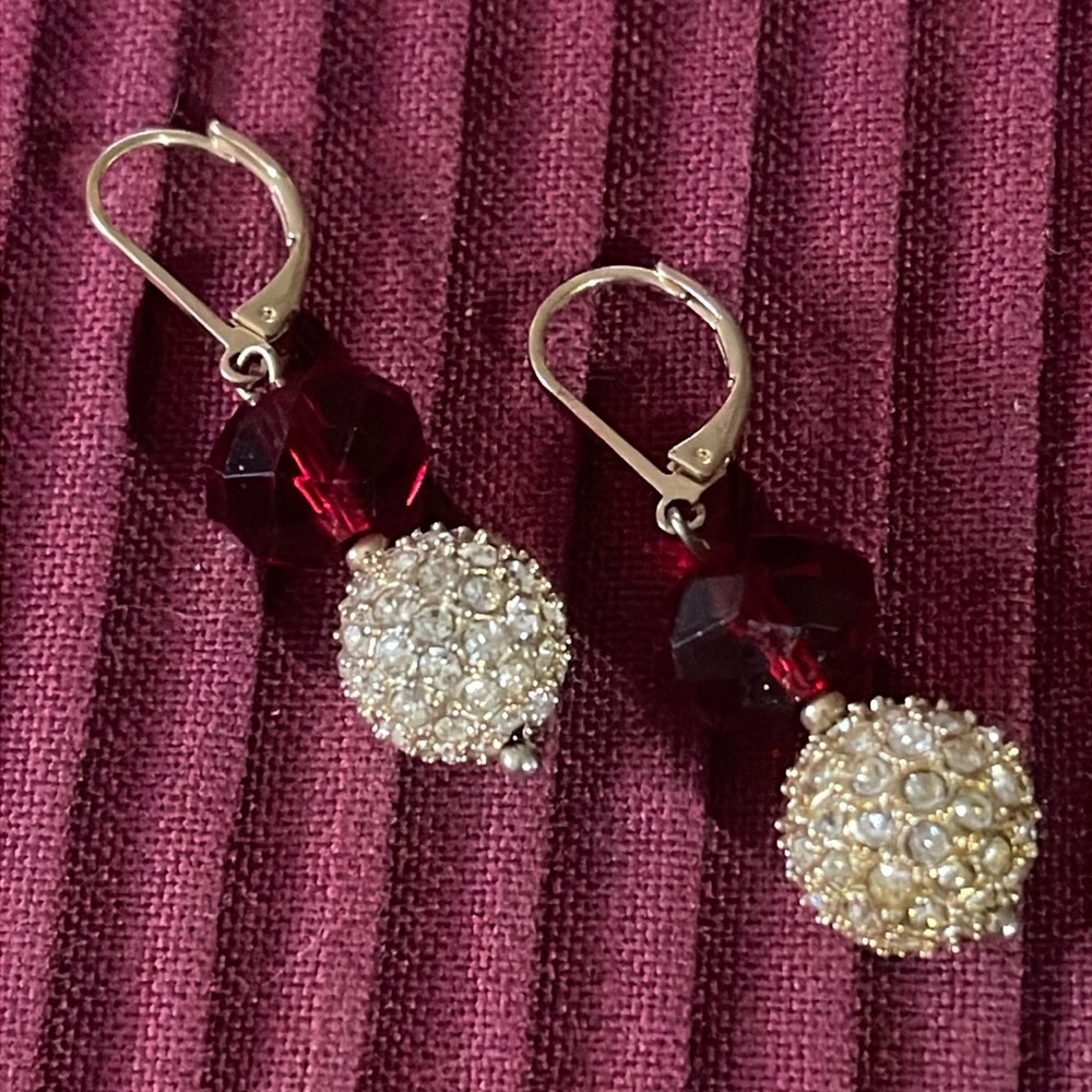 Vtg Disco Ball Red Crystal Lever Back Earrings